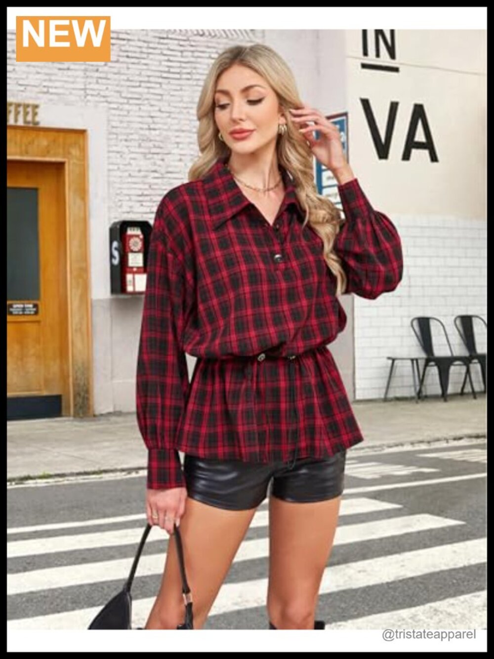 Women's Plaid Button Down Shirt Long Sleeve Point Collar Blouse - Picture 2 of 6